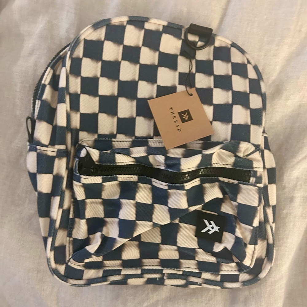 Blue and White Checkered Backpack